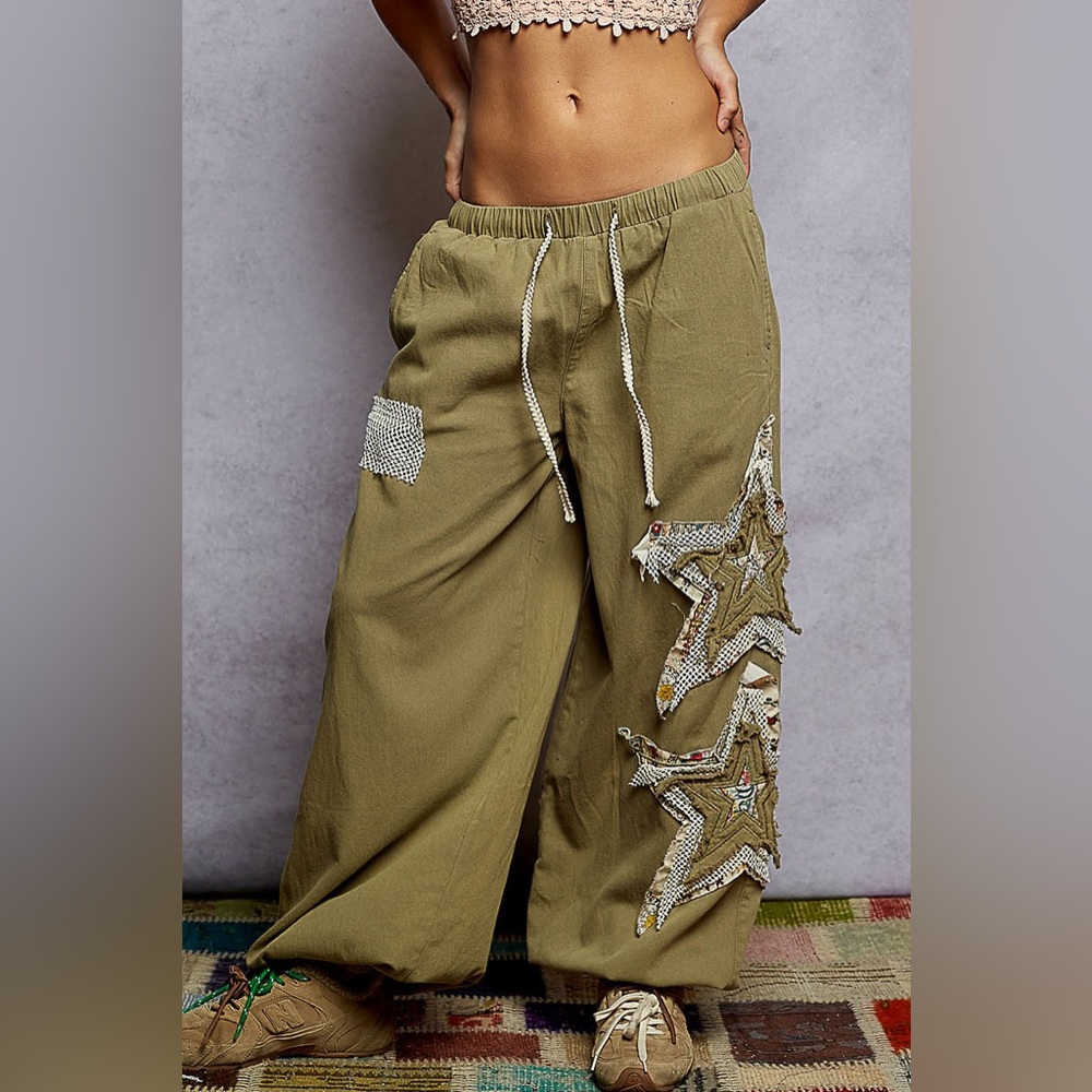 PB31 New POL Olive Star Patch Wide-Leg Pants